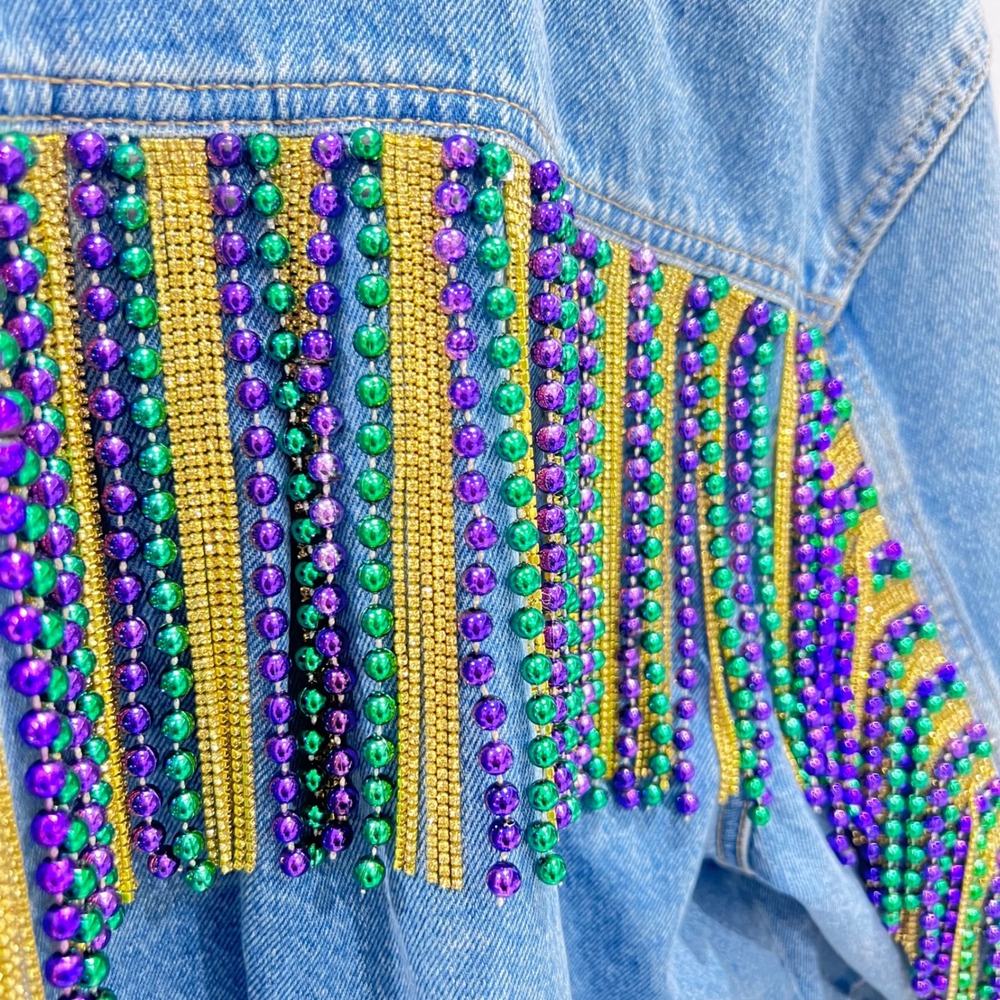 Mardi Gras Festival Women Fringe  DenimJacket XL Embellishment Rhinestone Sequin - Picture 8 of 14